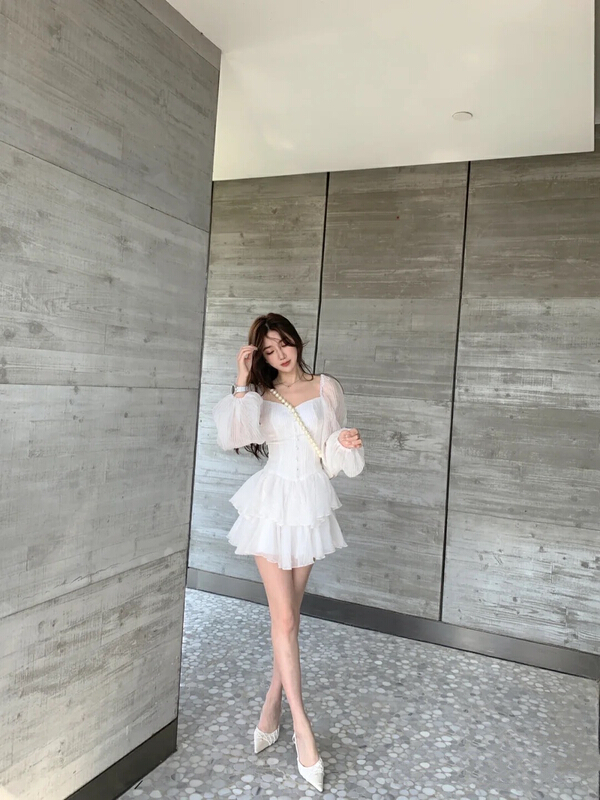 goods in stock! New year in early spring! [w design] sweet and pure desire, ruffle edge, waist closed and thin, bubble sleeve cake dress 49311# WPL