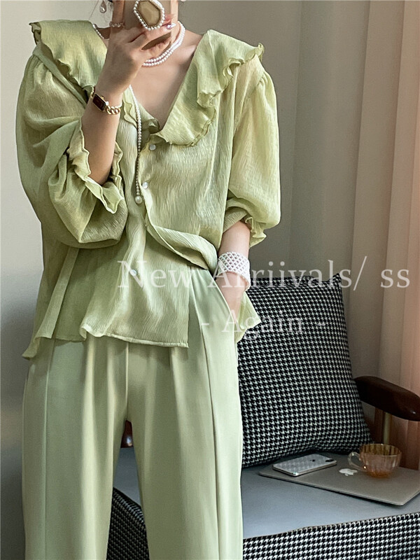 goods in stock! New year in early spring! [again] Korean double layer lotus leaf collar double breasted chiffon shirt (with lace up) 6136# PCZ