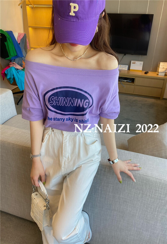 New in early summer! [Naizi] design sense off shoulder printed short sleeve T-shirt 8067# ozq