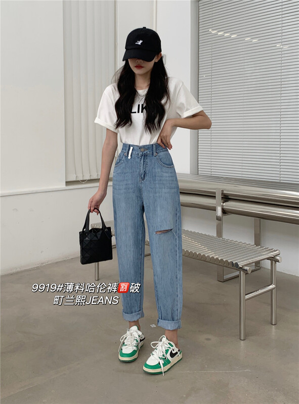 [Machi Lanxi] Korean version of versatile crimped jeans 999# lwy