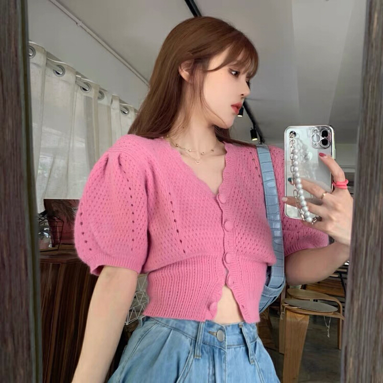 [strawberry] Korean V-neck bubble sleeve sweet short sleeve sweater s836# L