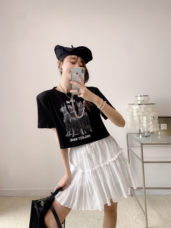 [Vanessa] high street dog short shoulder pad short sleeve T-shirt 6187# ozq