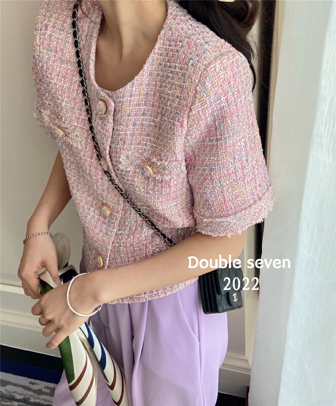 [x · h studio] Vintage round neck with unique raw edge design, button loose pocket tweed jacket 6200# ozq
