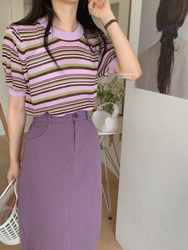 [your room] Korean color contrast stripe short sleeved sweater 2325# cqw