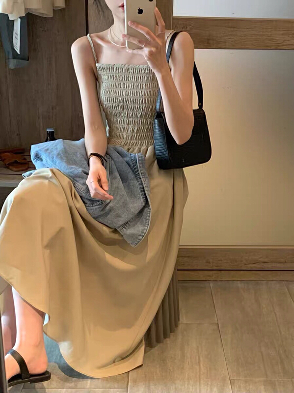【 bobi 】 solid color elastic high waist suspender dress 8872# hjy
