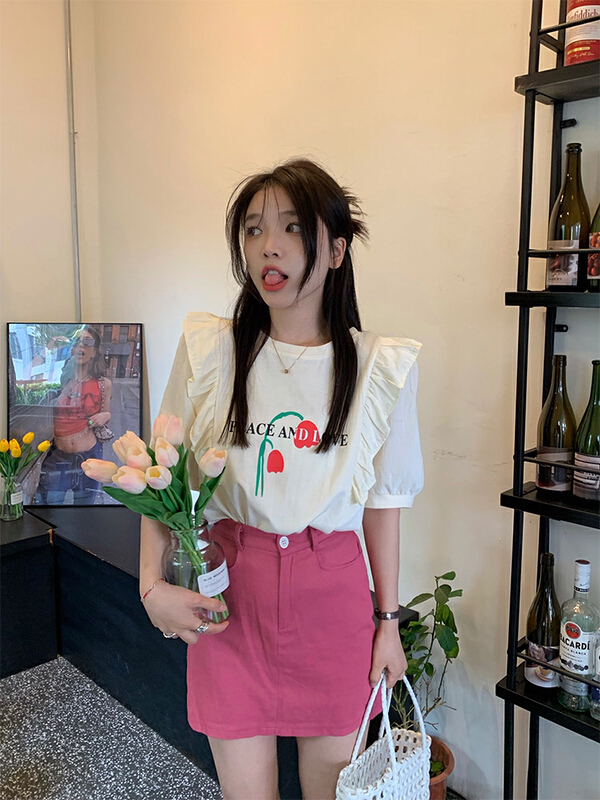 goods in stock! New in early summer! [timely rain] Korean style ins simple design, flying Sleeve Ruffle print, loose and versatile short sleeve T-shirt 55535# WPL