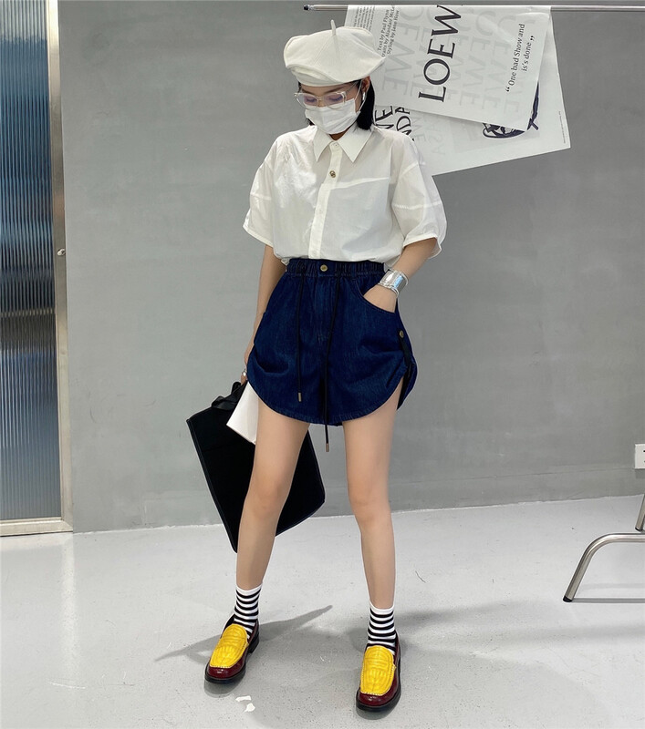 [Lily] elastic waist color blocking strap denim shorts 70016# XJ
