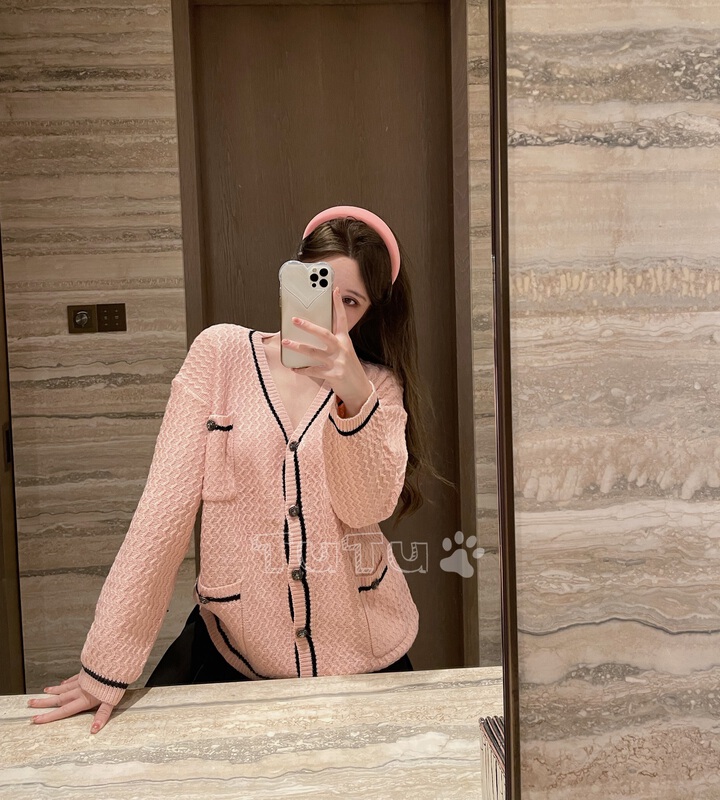 [Tutu] Korean version Multi Pocket contrast color edge loose knit cardigan 68198# cqw