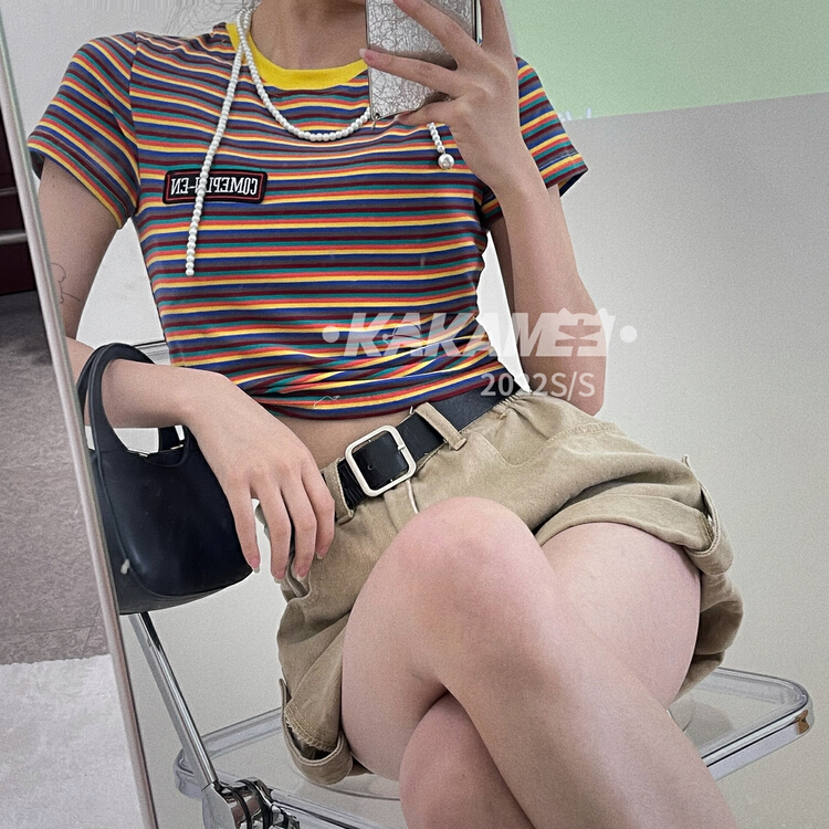 Original price 39.48! New in early summer! [kakamee] striped versatile cotton elastic short sleeve T-shirt (T-shirt only) s333# LSL