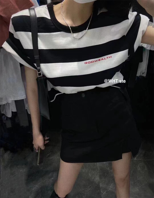 Good quality! [wht] stripe shoulder pad Pullover short sleeve T-shirt 5011# WTT