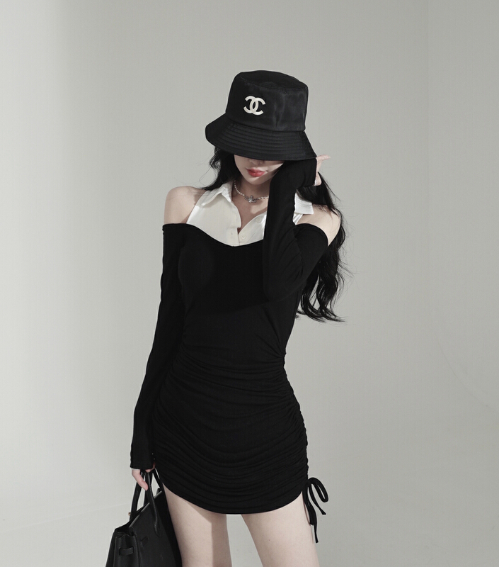 goods in stock! [are studio] design sense off shoulder color contrast drawstring dress 9852# WPL