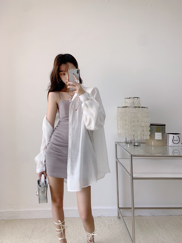 [Vanessa] Korean foreign style thread elastic pleated sling + sunscreen letter shirt set 6170# ozq