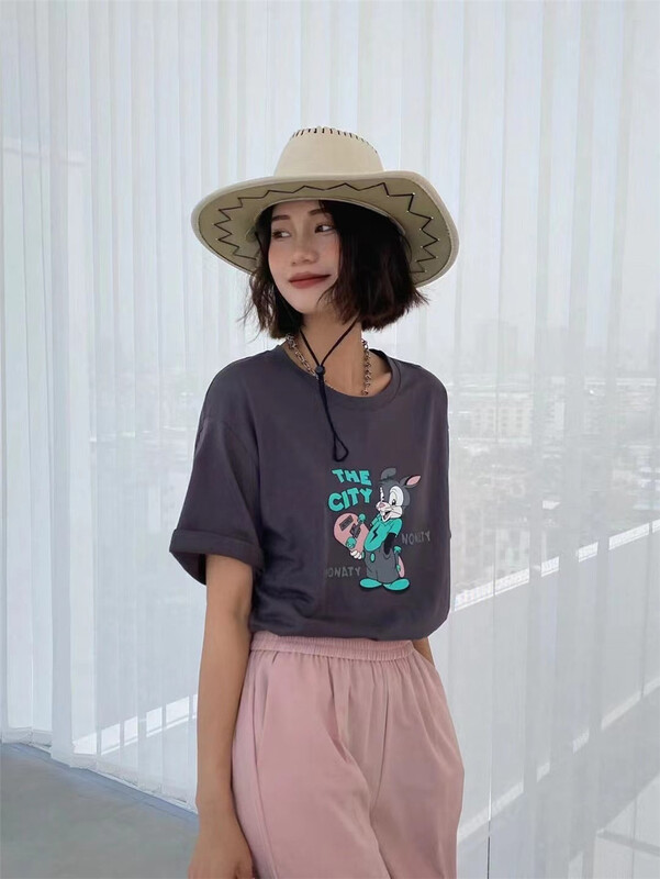 [black + white] skateboard rabbit print casual loose short sleeve T-shirt 2s02789u# lwy