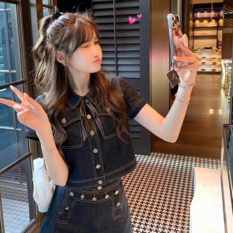 goods in stock! [are studio] simple Lapel short sleeve shirt + Vintage Denim Shorts Set (with Brooch) 81010# WPL