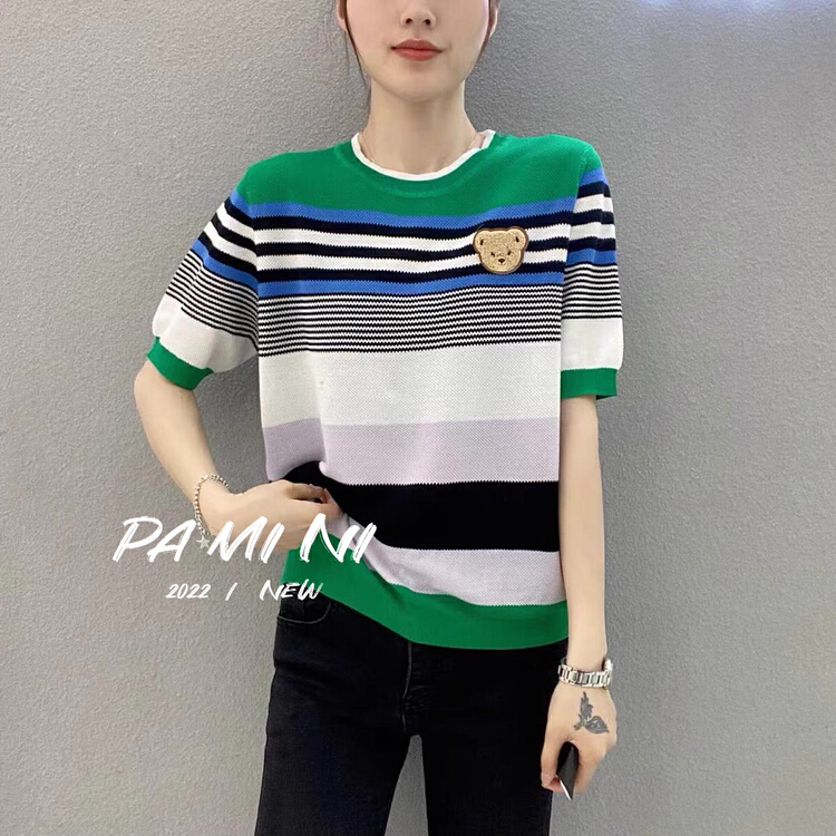 [pamini] bear doll round neck color matching stripe ice silk sweater 8813# Cl