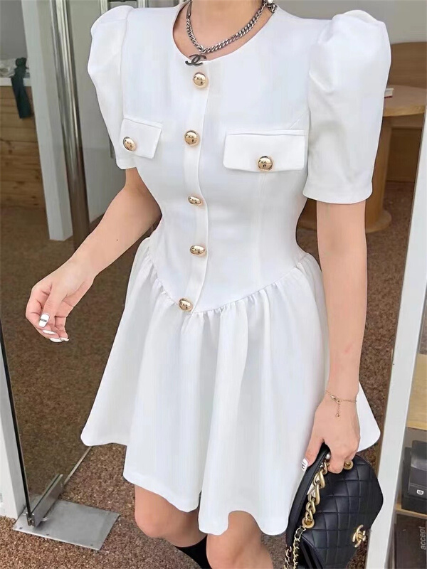 New in early summer! [d.ina] small fragrance round neck bubble sleeve dress 11206# JJ
