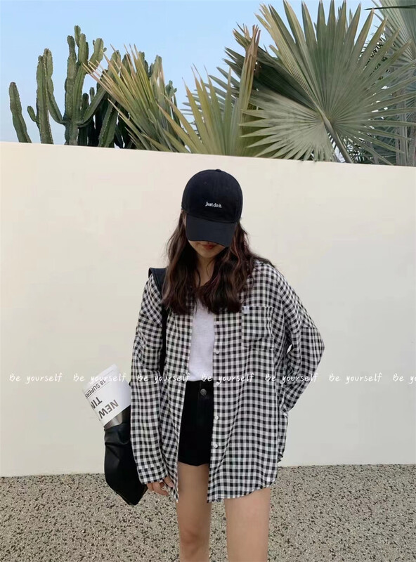 Original price 65.42! New year in early spring! [be your self] color blocking Plaid loose Vintage shirt c66018# LSL