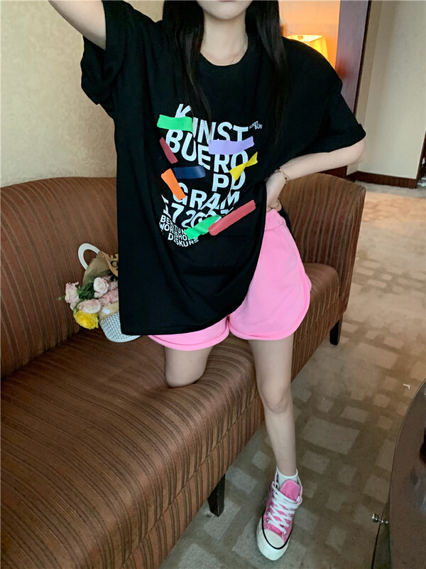 [K.M] Korean loose creative letter printed couple short sleeve T-shirt 2390# Cl