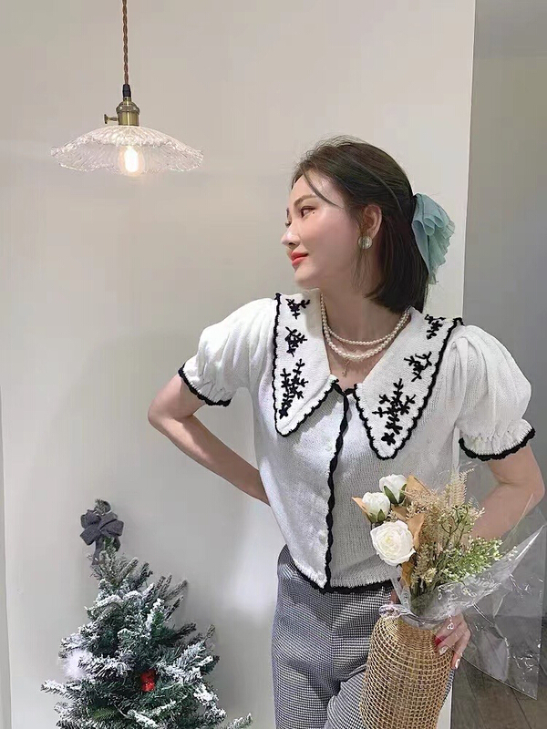 [ruru-clutching] sweet handmade curved bead hook flower short sleeved sweater 6502# WPL