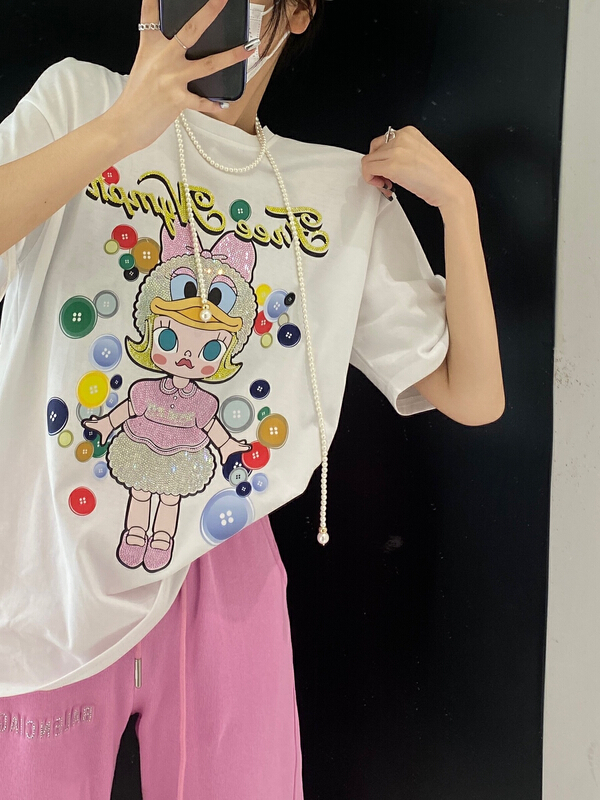 [kazefi] bubble Matt button hot drill short sleeve T-shirt t71-2# ozq