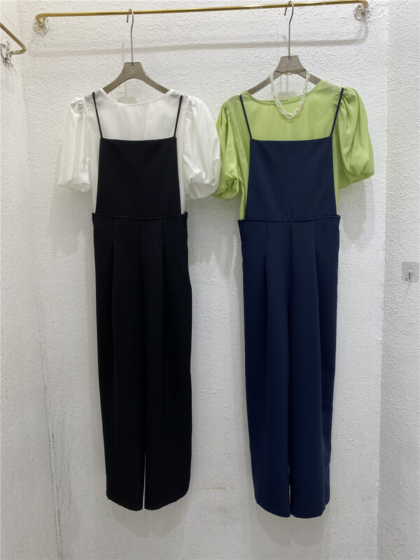 [3T] bubble sleeve fashion blouse + slit versatile suspender Pants Set 6233# WPL