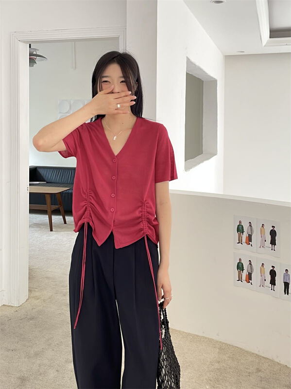 [clean space] candy color versatile V-neck drawstring knit cardigan 31730# CLS