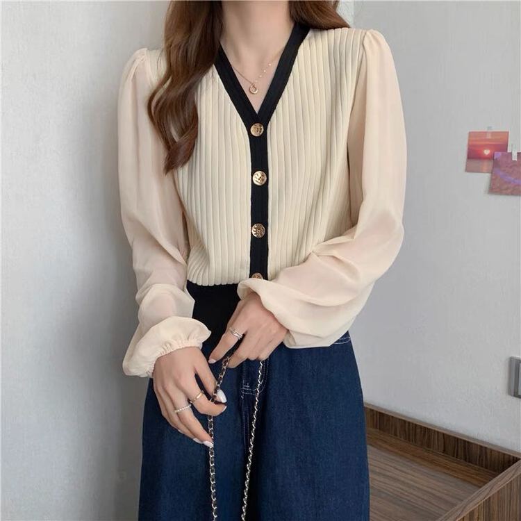[fat woman's family] fashion loose and thin V-neck Chiffon stitched knitted cardigan w8819# HBx