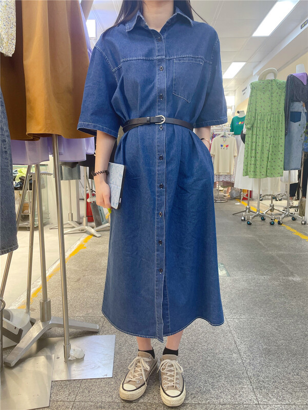 [thanku] Korean versatile short sleeved denim dress (with belt) 165# zjy