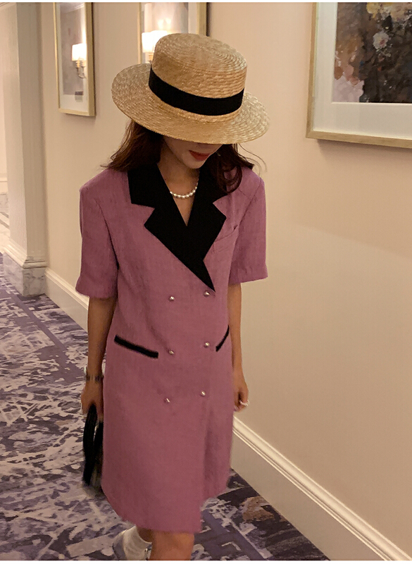 New in early summer! [the mind] Korean style contrast color suit collar double breasted dress (with waist rope) 60255# XYJ