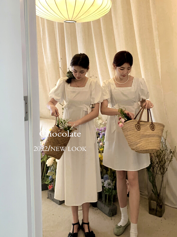 [chocolate] square neck bow fashion dress (with belt) 28077# ll