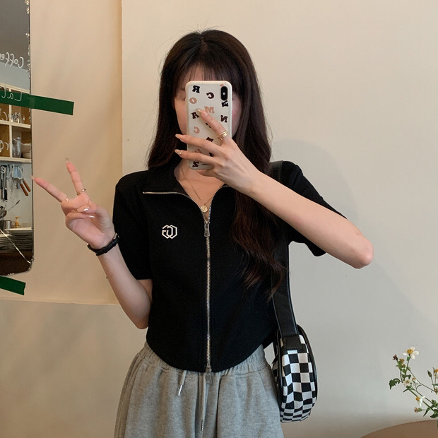 [fan fan] fashion Lapel zipper letter embroidered blouse 5567# JJ