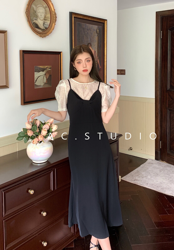 Original price 130.72! New in early summer! [A.C] simple Polka Dot blouse + slim dress two piece suit 11258# LSL
