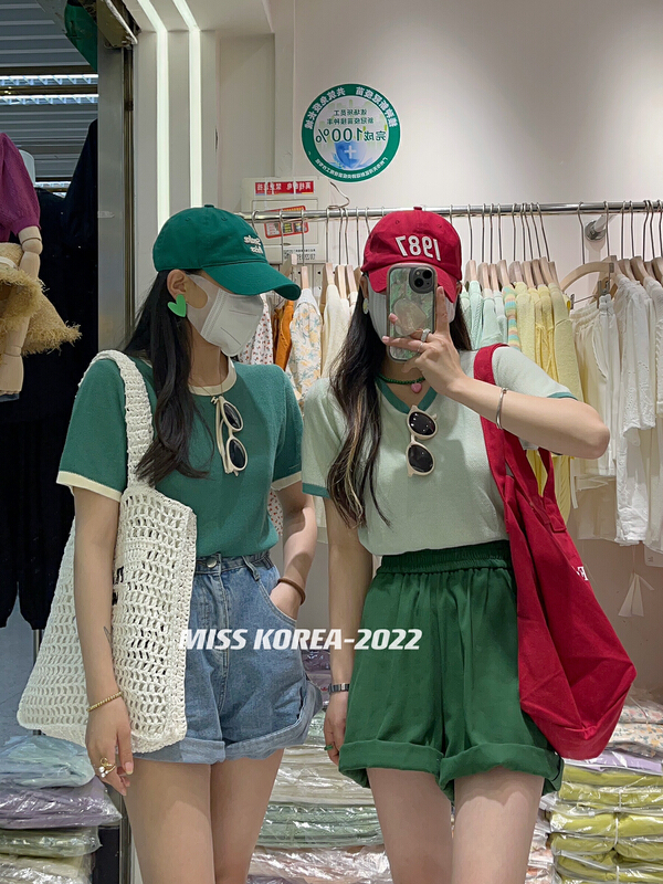 [Miss Korea] Korean round neck color blocking short sleeve T-shirt 6577# HBx