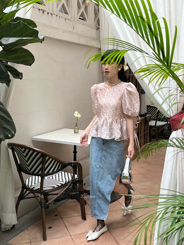 【AA STUDIO】氣質碎花露背泡泡袖小衫  6096#  WPL