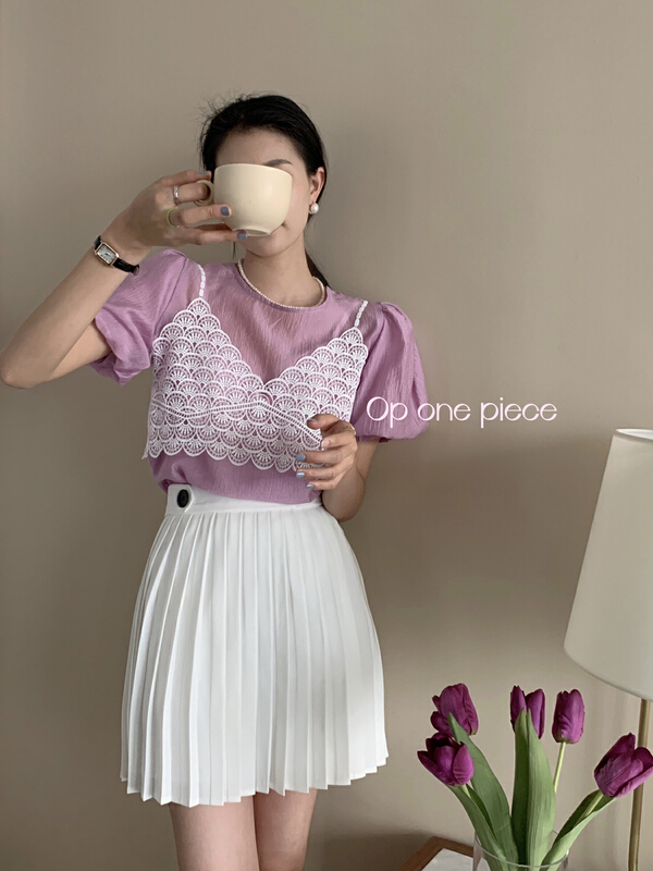 [OP one piece] crew neck simple blouse + vest two piece suit op60080# hjy