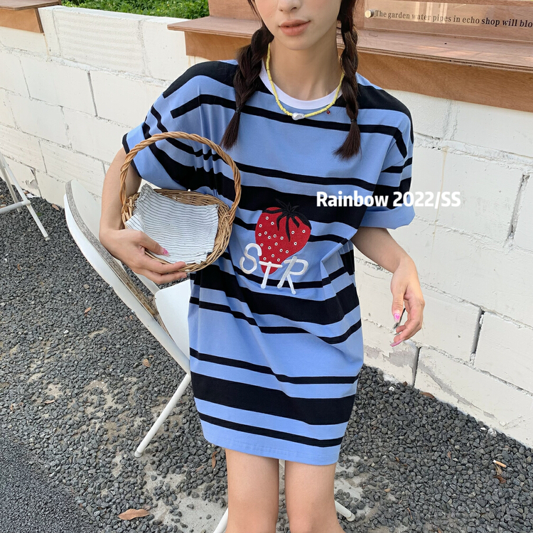 [rainbow] embroidered contrast striped strawberry short sleeve T-shirt 11875# WTT