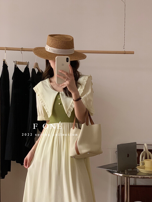 [f one] Korean large lapel knit stitched dress 52008# WPL