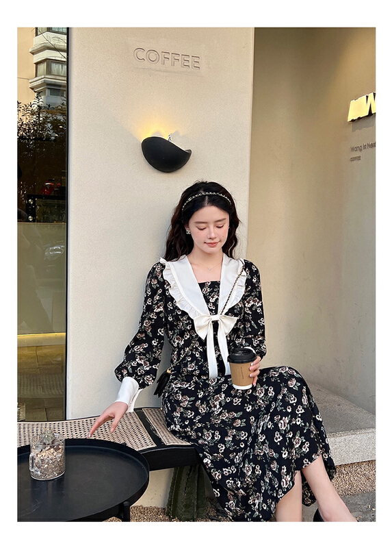 [jun.t] French Navy collar Black Floral long dress 5953# PCZ