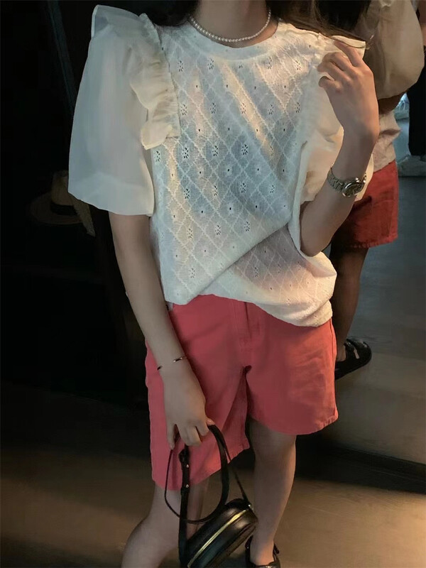 New in early summer! [Naikan Nik] Korean sweet bubble sleeve textured blouse (without necklace) 9613# lwy