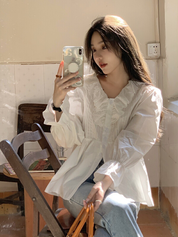 New year in early spring! [timely rain] Han Feng's temperament is thin and sweet, petal collar is versatile, loose shirt 75612# YYW