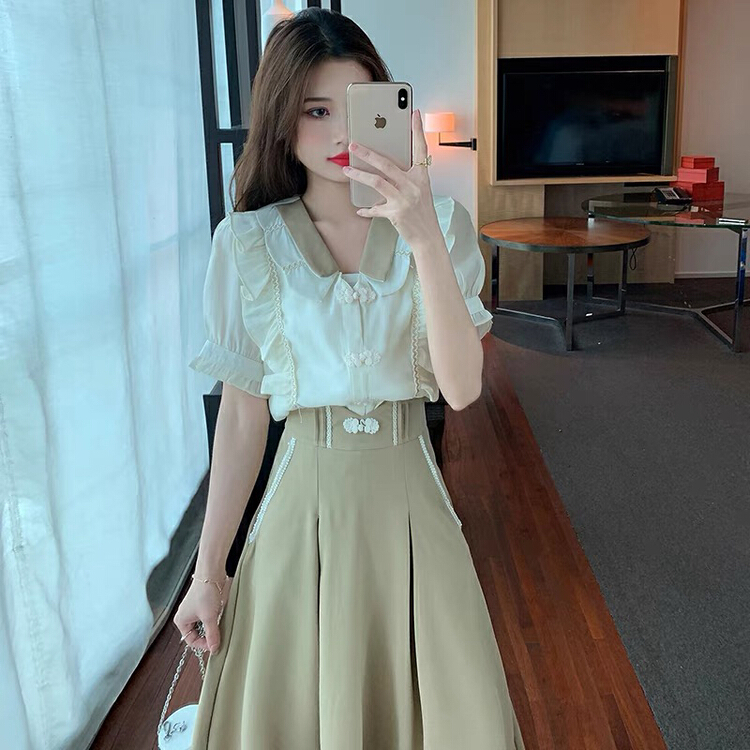 [Yingying new clothes] French retro coil button improved cheongsam shirt + high waist skirt suit 7429# Cl