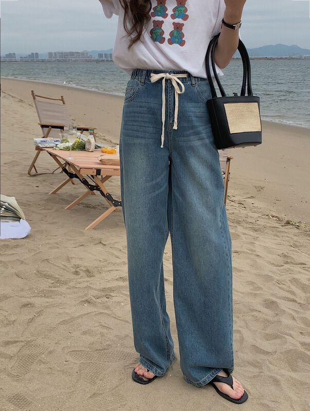 [simnice] washed Vintage versatile drawstring wide leg jeans 2118# cqw