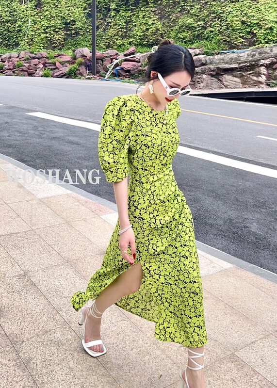 New in early summer! [woshang woshang] pleated waist French bubble half sleeve dress 1209# XYJ