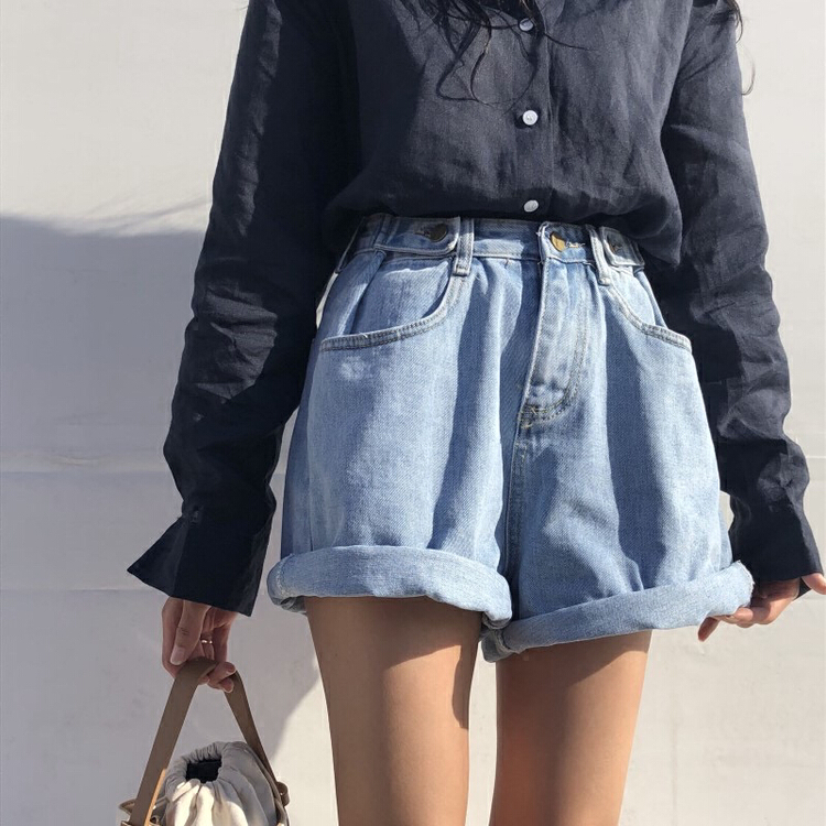 New in early summer! [four seasons] simple hemmed high waist denim shorts 6923# LSL