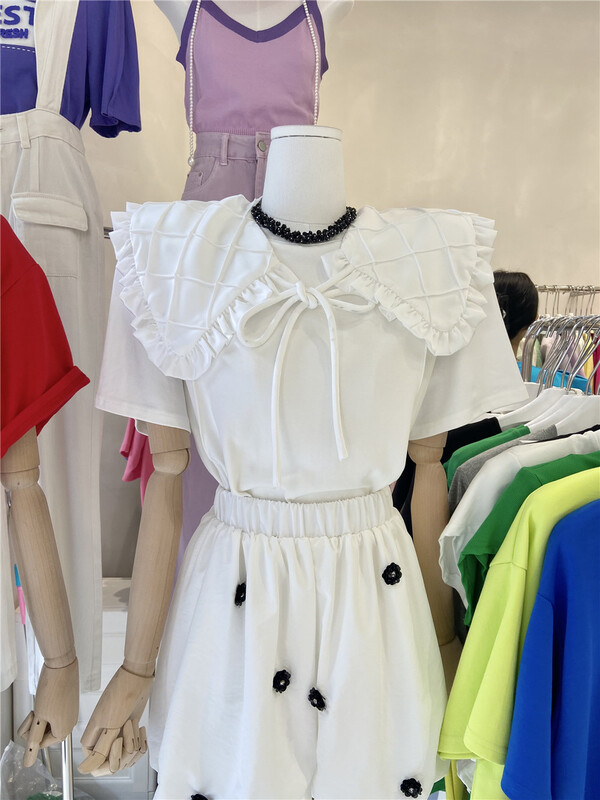 New in early summer! [Jun Jun] Korean style simple lace up short sleeved T-shirt with fungus edge (with doll collar) 16846# CLS