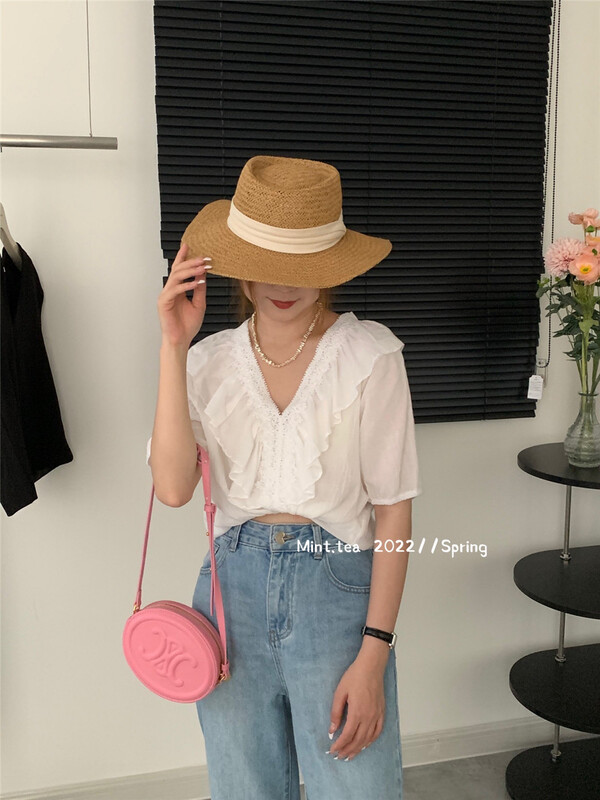 [mint tea] Korean V-neck sweet lace shirt 22629# zjy