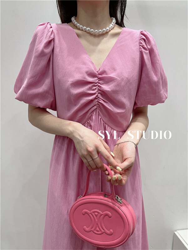 [SYL] Korean V-neck bubble sleeve dress 5176# L