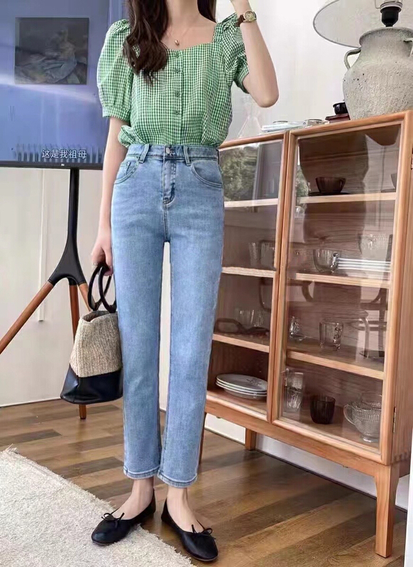 [M +] Korean version high waist versatile straight cropped jeans 890 black 890-2 blue 890-3 white 890-5 apricot 890-10 wash blue 5532 powder # CLS