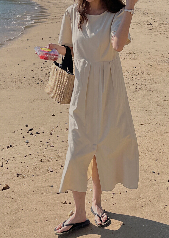 [bee Street] new solid color short sleeve dress b9098# lwy