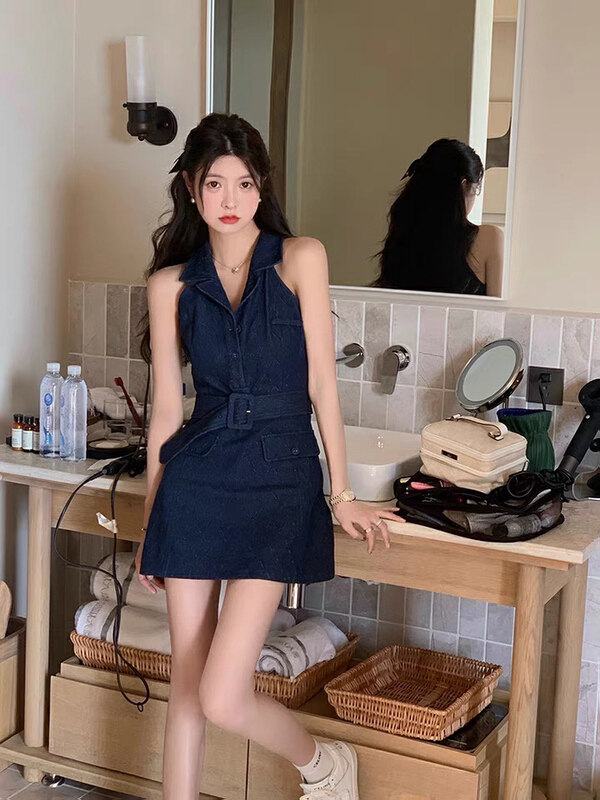 [L.L studio] retro slim versatile dress (with belt) 7692# PCZ